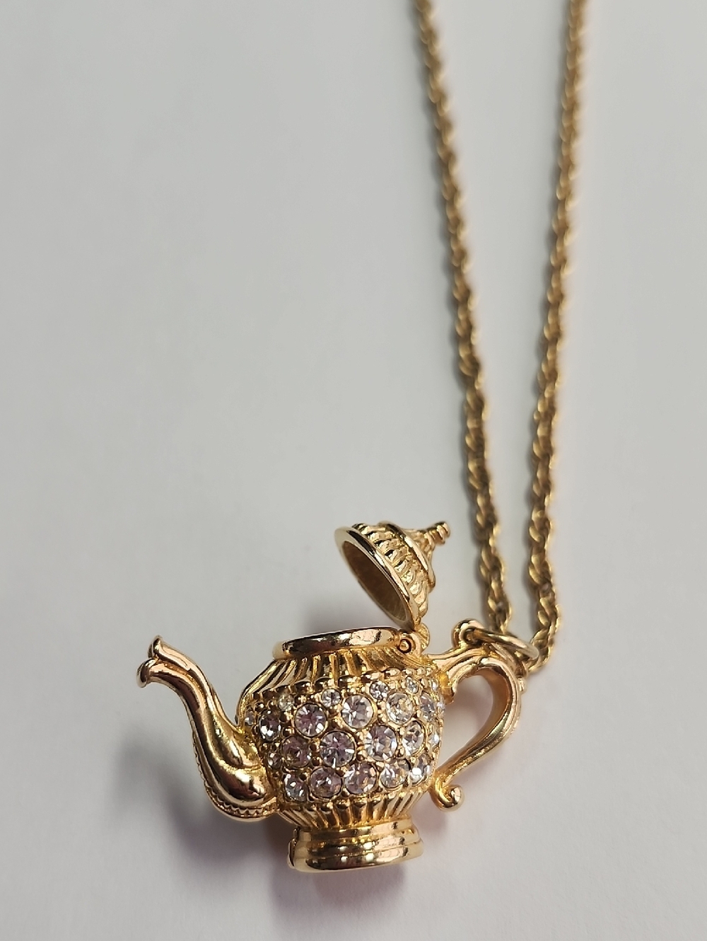 Swarovski Crystal Gold Tone Teapot Pendant On Nonbranded Gold Tone Chain Necklac